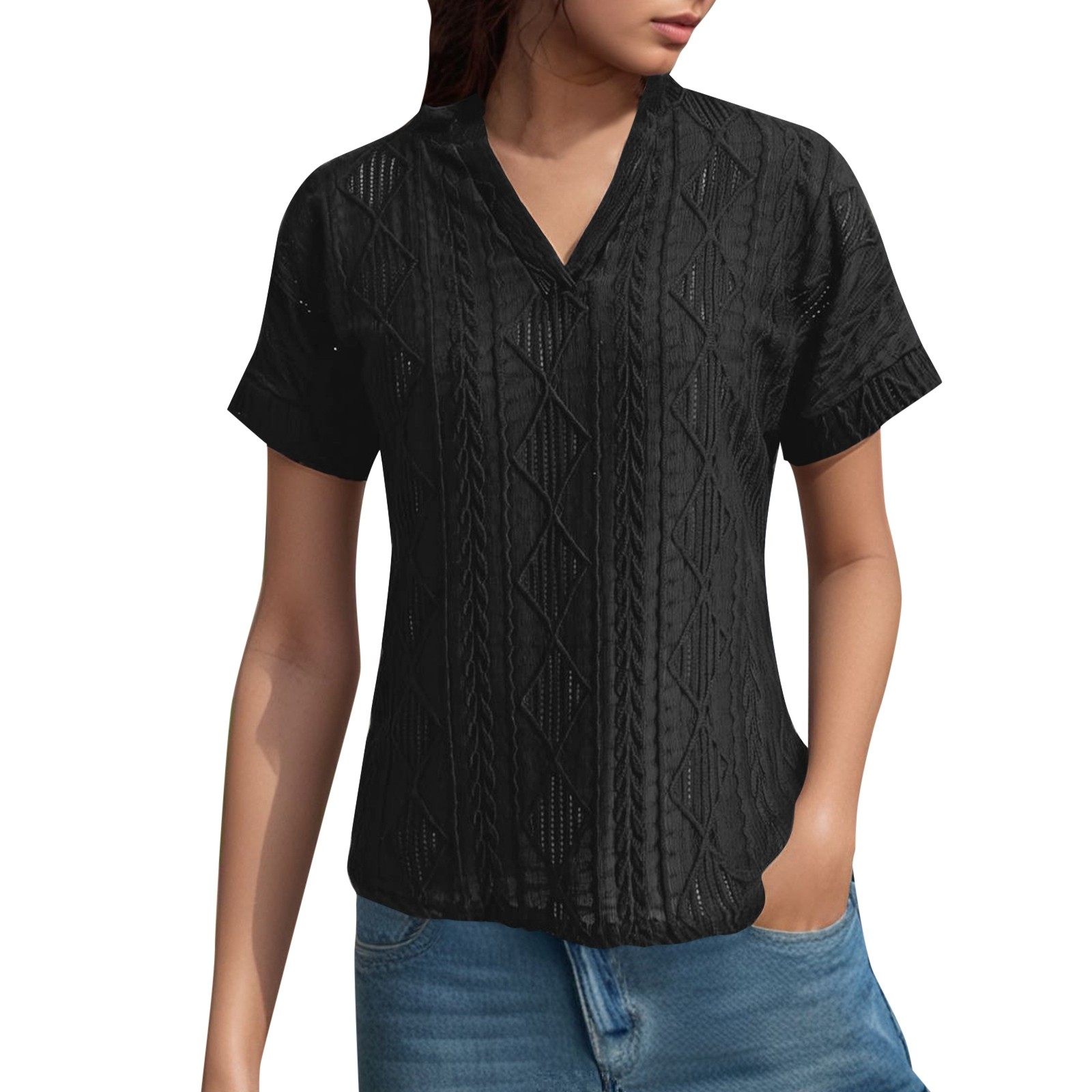 thumbnail image 1 of Camisa de punto jacquard holgada con cuello en V para mujer: manga corta, detalle de cordones, informal de verano, fácil de cuidar, 1 of 7